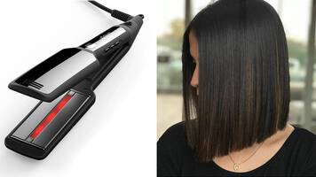 photo of woman with sleek straight hair and hair straightener