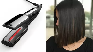 photo of woman with sleek straight hair and hair straightener