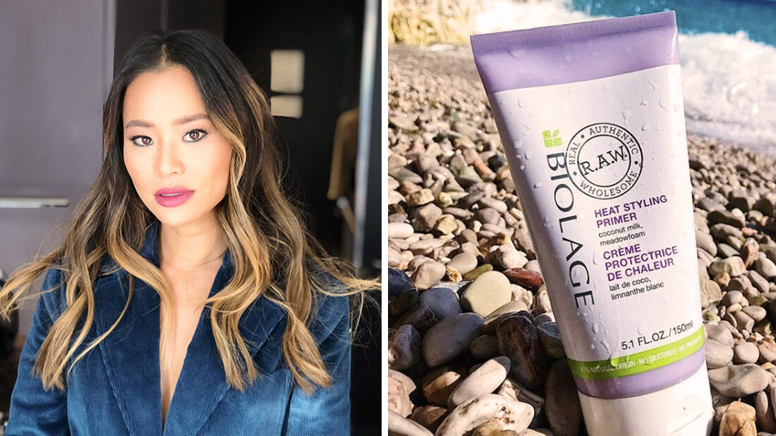 split photo with jamie chung wearing wavy hair and biolage heat styling primer