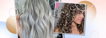 Collaged image of a woman showing off her grey-highlighted hair and another woman with brunette curly highlights