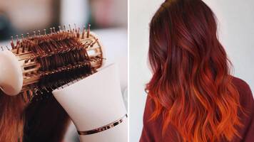 close up photo of woman with red hair and curling brush