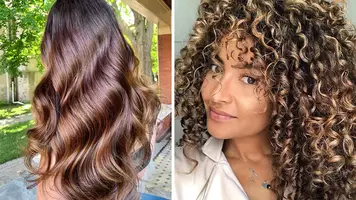 two women with long and short caramel hair color with blonde highlights