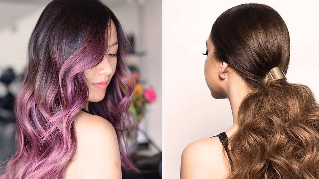 woman with purple ombre hair and woman with voluminous ponytail in brunette for matrix destination