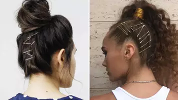 photo of woman with messy bun and woman with ponytail with bobby pins