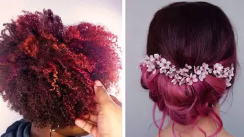 straight haired woman and curly haired woman with cherry hair color
