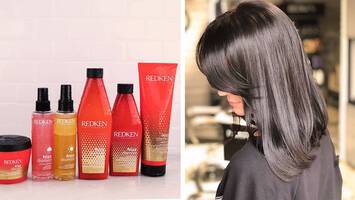 Redken frizz dimiss products next to woman with frizz-free hair