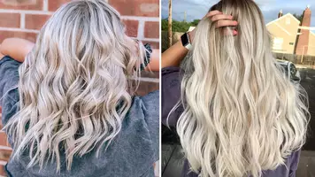 Photo of women with bright blonde hair using redken shades EQ level 10s