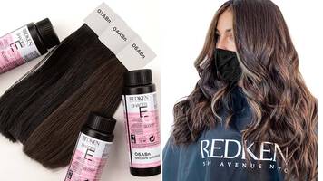 A woman with cool-tone brown hair next to Redken Shades EQ Gloss