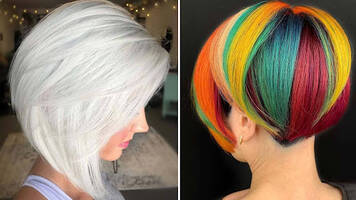two women with stacked bob cuts in side-by-side image