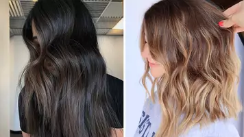 photo of woman with sleek blonde and sleek brown balayage hair