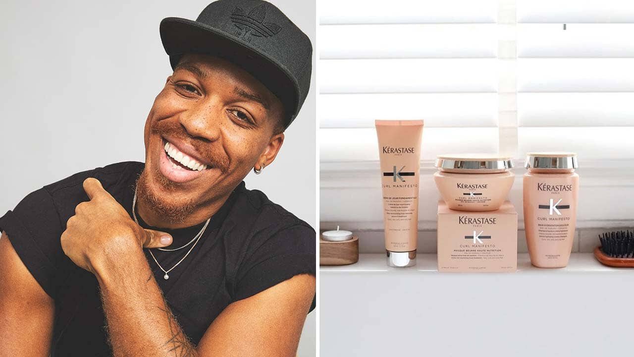 photo of Vernon Francois next to Kerastase hair products