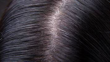 photo of woman's scalp with gray hair strands