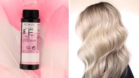bottle of redken shades eq and very blonde haired woman