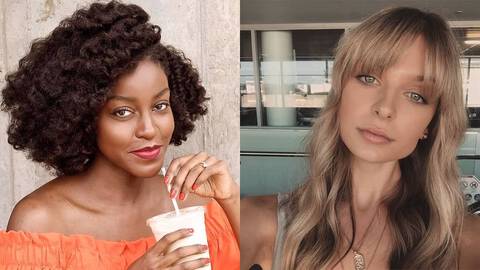 black woman with brown curly hair and white woman with blonde hair wearing low maintenance haircuts