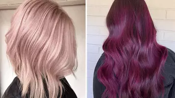 side by side of two women with wine hair colors