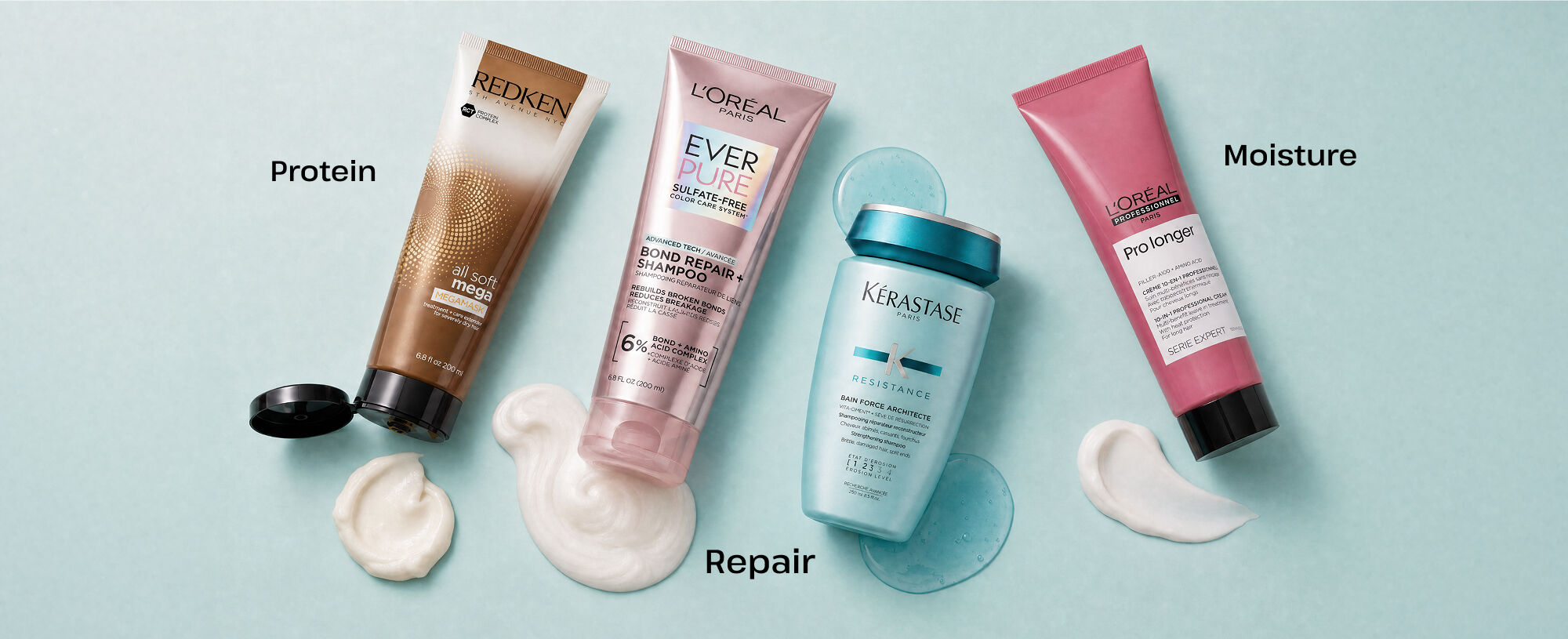 image of Redken, Loreal Paris, and Keratase products on a blue background