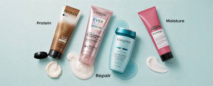 image of Redken, Loreal Paris, and Keratase products on a blue background