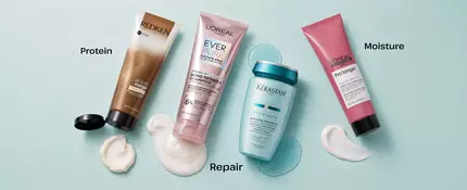 image of Redken, Loreal Paris, and Keratase products on a blue background