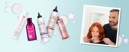 A selection of five haircare bottles against a light blue background, featuring brands like Biolage and Redken, with bubbles scattered around. On the right, a hairstylist adjusts a woman's short red hair, both smiling.