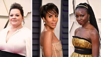 melissa mccarthy, kerry washington, and danai gurira wearing red carpet hairstyles
