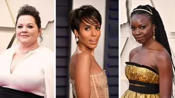 melissa mccarthy, kerry washington, and danai gurira wearing red carpet hairstyles