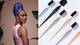 split image of woman wearing satin head wrap and baby tress edge brush