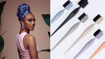 split image of woman wearing satin head wrap and baby tress edge brush