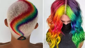 two women with rainbow hair color