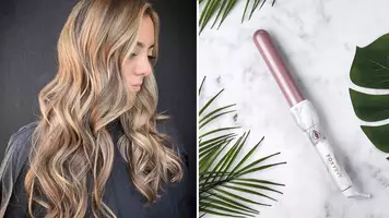 photo of curling wand and beautiful curly hair