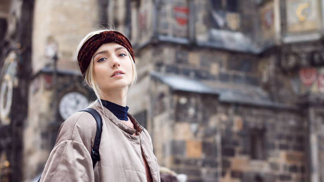 photo of blonde woman with winter headband accessory