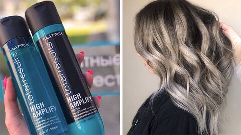 photos of matrix high amplify shampoo and conditioner next to woman's hair