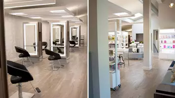two photos of the interior of salon studio seven