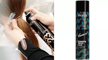 photo of stylist using hairspray on client in salon