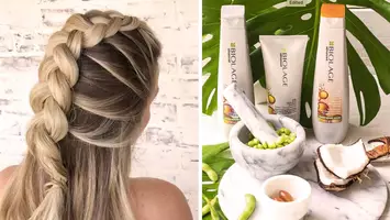 split image of woman with dutch braid and biolage advanced oil renew products for review