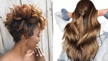 two women with long and short caramel hair color with blonde highlights