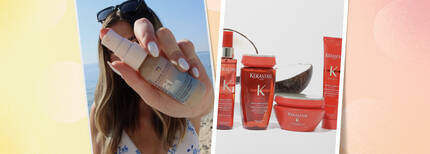 Hair products displayed to protect hair from sun damage, including serums from Pureology and Kerastase.