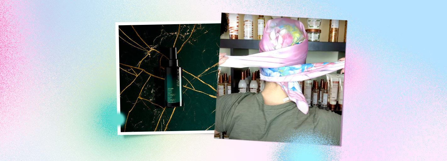 A person adjusting their silk sleep cap to protect hair from friction and damage while they rest.