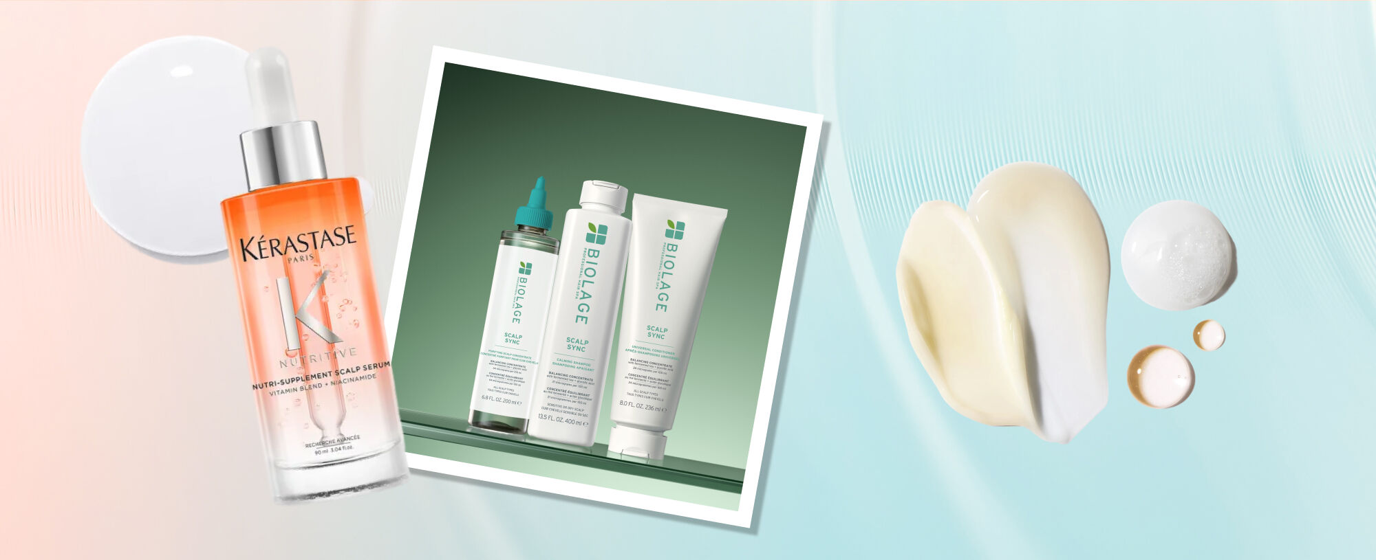 An image of Kerastase Nutritive Nutri-Supplement Scalp Serum and Biolage Professional Scalp Sync Calming Shampoo.