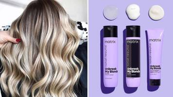 A photo of Matrix Unbreak My Blonde next to a woman with blonde hair