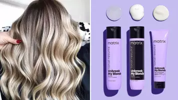 A photo of Matrix Unbreak My Blonde next to a woman with blonde hair