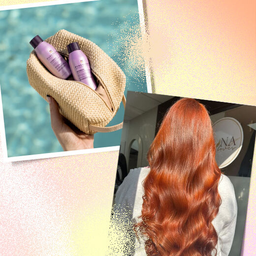 Hair products displayed to protect hair from sun damage, including serums from Pureology and Kerastase.