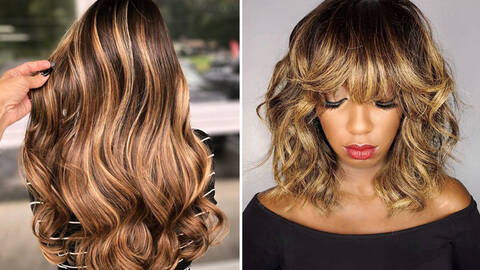 two women with long and short caramel hair color with blonde highlights