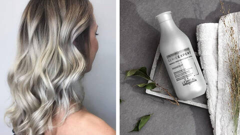 woman next to best shampoo for gray hair
