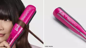 A woman using the limited edition L'Oreal Professionnel Barbie Steampod