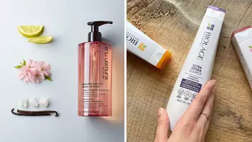 A woman with brunette hair next to Biolage Hydra Source shampoo