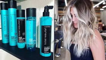 photos of matrix high amplify products next to woman's hair