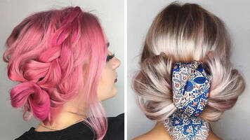 two photos of women with updos for thin hair