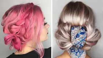 two photos of women with updos for thin hair