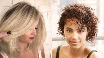 blonde woman with side bangs and woman with curly brunette hair with side bangs