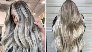 photo of woman with skunk stripe hair color